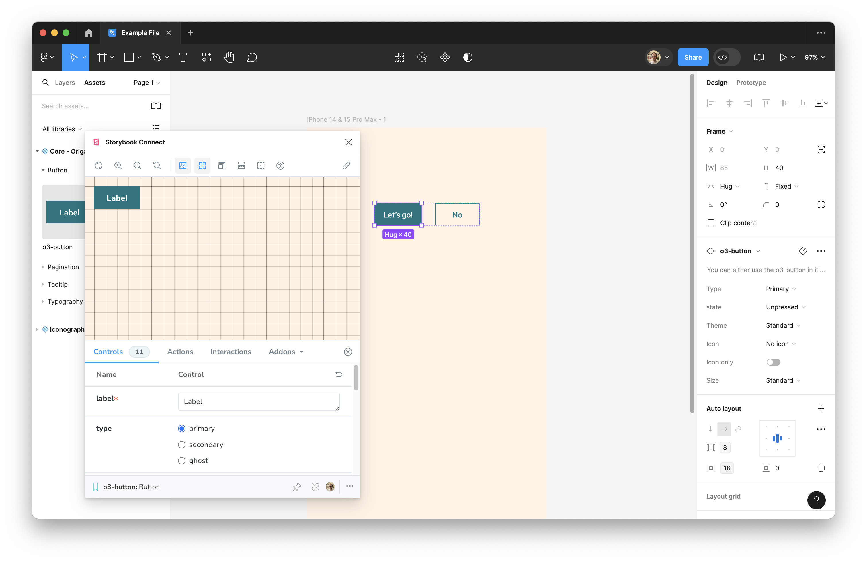 A Storybook Connect window over Figma, showing a live version of the selected Figma component.